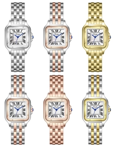 Sammlung quadratischer Quarzuhren mit Metallarmbändern und römischen Ziffern