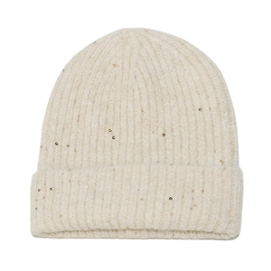 Elegant women wool blend knit beanie with gold sequins in creamy white color