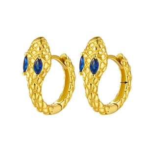 Elegant gold snake hoop earrings with blue marquise stone and intricate scale texture