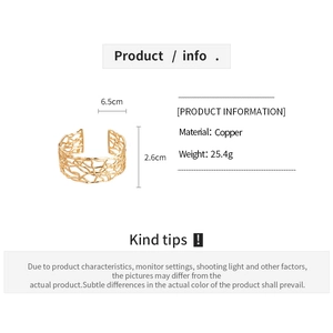 Detailed specs of 18K gold plated copper cuff featuring a woven hollow design
