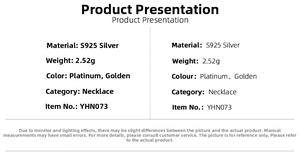 Detailed specifications for S925 silver snake necklace available in platinum and gold finishes