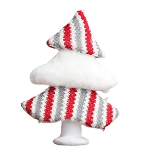 Plush Christmas tree tabletop ornament with red grey stripes and white faux fur detail
