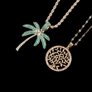 Gold plated coconut tree and tree of life hip hop necklaces with colorful gemstones