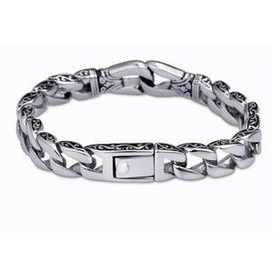 Vintage stainless steel totem bracelet for men with black relief carvings and silver finish