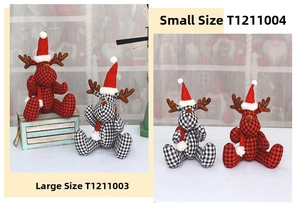 Detailed comparison of large and small red plaid reindeer plush dolls for Christmas decor