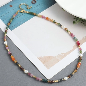 Handmade freshwater pearl necklace with colorful tourmaline beads and golden lobster clasp