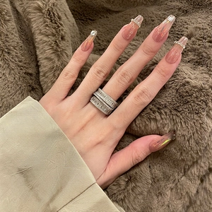 Elegant multi-layer zircon square open ring featuring stacked silver bands for women