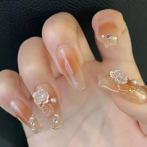 Press On Nails 3D Camellia Flower Artificial Pearl Rhinestone Gradient Blush Short Ballerina Shape Fake Nails For Women