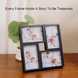 Close-up of a black four-frame collage photo set in a wooden home interior setting