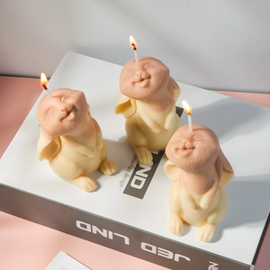 Three cute cream-colored bunny candles with pink accents on a white book set