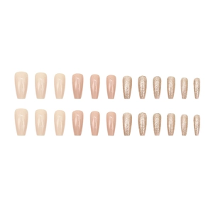 24pcs long coffin press on nails in nude tones and champagne gold glitter gradients