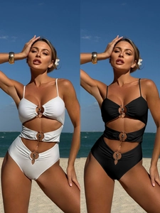 Maillot De Bain Une Pièce Femme Échancré Monokini Anneau Métallique Creux Bandeau Tenue De Plage Haute Élasticité Sexy
