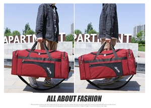 Detail of red oxford travel duffel bag showing durable handles and sports print