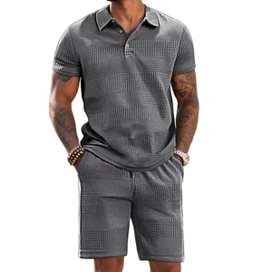 Men's grey waffle knit summer leisure set with short sleeve polo shirt and matching shorts