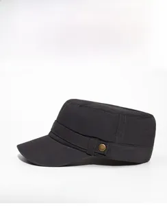 Detail view of washed cotton military flat top cap with side metal buckle accents