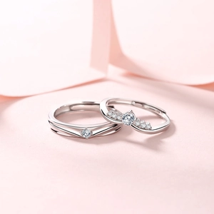 Minimalist S925 sterling silver couple rings with sparkling zircon in a romantic pink setting