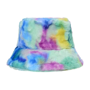 Faux rabbit fur tie-dye bucket hat for winter featuring a colorful plush texture and soft brim
