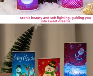 Close-up of LED Christmas candles featuring festive Santa and snowman illustrations