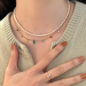 Layered 14K gold chain with colorful gemstones and pearls necklace with zircon ring