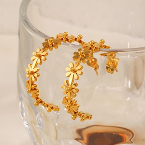 Boucles d'oreilles créoles fleurs en acier inoxydable plaqué or 18 carats pour femme