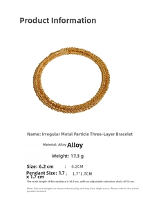 Detail view of irregular golden alloy 3-layer bracelet showing 6.2cm size and 17.3g weight