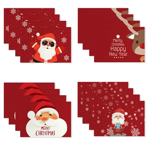 Christmas Placemats Red Polyester Linen Santa Claus Reindeer Print Heat Resistant Non Slip Table Decor Holiday Dining