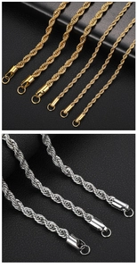 Detailed close-up of twisted rope chain necklaces in gold and silver stainless steel