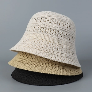 Women Hollow Out Knitted Bucket Hat Cotton Polyester Breathable Sun Protection Summer Beach Crochet Fisherman Cap