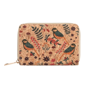 Vintage floral cork short wallet for women with natural bird and leaf prints