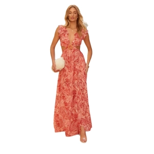 Elegant red paisley print maxi dress with deep V-neck and side cut-outs for women