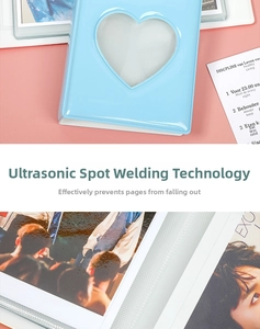 Detail view of light blue photocard album showing ultrasonic welding and heart cutout