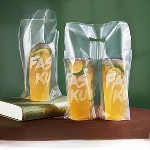 Transparent thickened plastic beverage carrier bags for single and double cups shown in detail