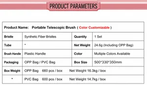 Detailed specifications table for portable pink retractable powder and blush makeup brush