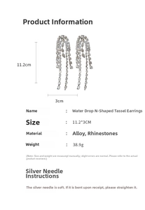 Detail view of teardrop rhinestone tassel earrings with 11.2x3cm size specifications