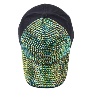 Fashionable black baseball cap with vibrant rhinestones and adjustable strap for women