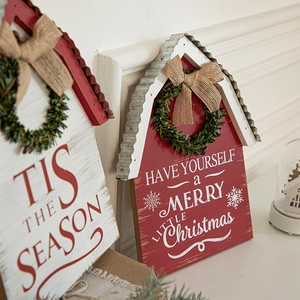 Christmas wooden house sign with wreath and TIS THE SEASON text for door decoration