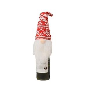 Housse de bouteille de vin gnome de Noël tricotée avec motifs géométriques rouges et blancs