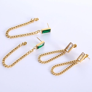 Minimalist 18K gold-plated chain earrings with emerald and clear zircon rectangle stones