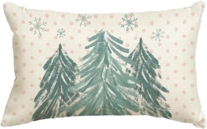 Minimalist beige linen Christmas pillow cover with green trees and pink polka dots pattern