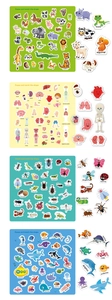 Detail view of four educational sticker books featuring animals, anatomy, insects and sea life