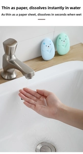 Portable bear-shaped soap sheets dissolving instantly in water for travel hygiene