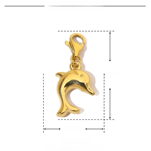 Detailed size chart of a golden dolphin pendant in stainless steel with lobster clasp