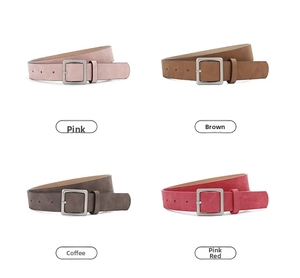 Detail view of four matte PU leather belts in pink brown khaki and rose red colors