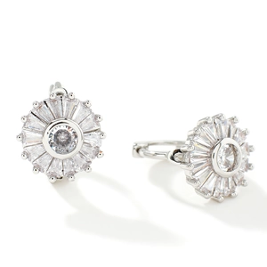 Silver flower earrings with clear zircon inlays and radiant sunburst design