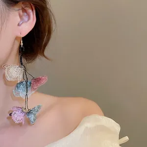 Floral fabric tassel drop earrings with pastel embroidery flowers for women