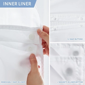Detail of white snap-in shower curtain liner with 12 snap buttons and weighted magnets