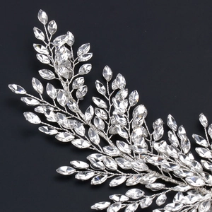 Handmade bridal crystal headband with silver metal leaves and faceted glass beads
