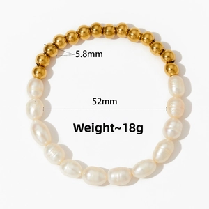 Detail view of gold beads and freshwater pearl bracelet showing 52mm diameter and weight