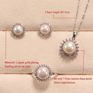 Elegant freshwater pearl jewelry set with zircon studs, ring and gold-plated necklace