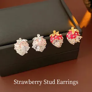 Strawberry Earrings Copper Zircon Enamel Fruit Dangle With Silver Earring Post Vintage Sweet For Women
